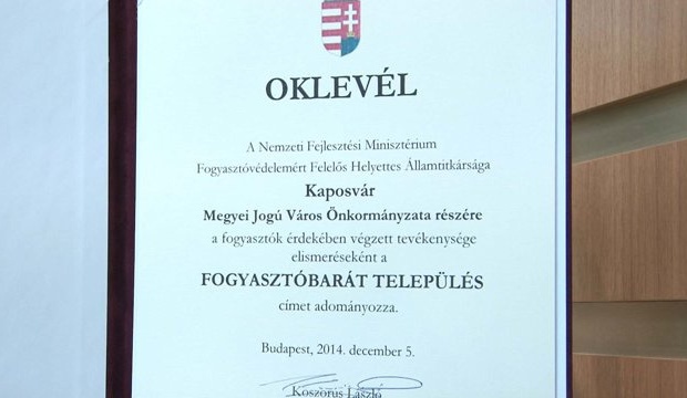 Fogyasztóbarát Település címet kapott Kaposvár