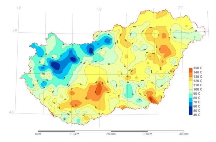 Hőmérséklet-eloszlás 2000 m mélységben a felszín alatt Fotó: mgte.hu
